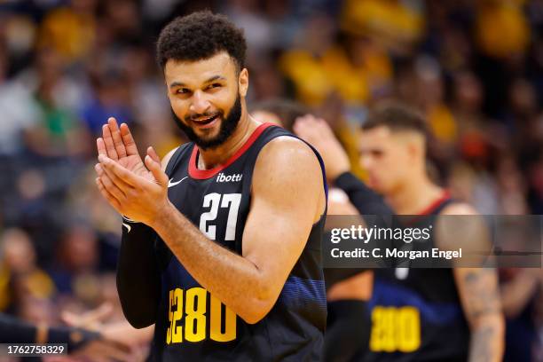 Jamal Murray of the Denver Nuggets celebrates a basket against the Dallas Mavericks during the fourth quarter during the NBA In-Season Tournament at...