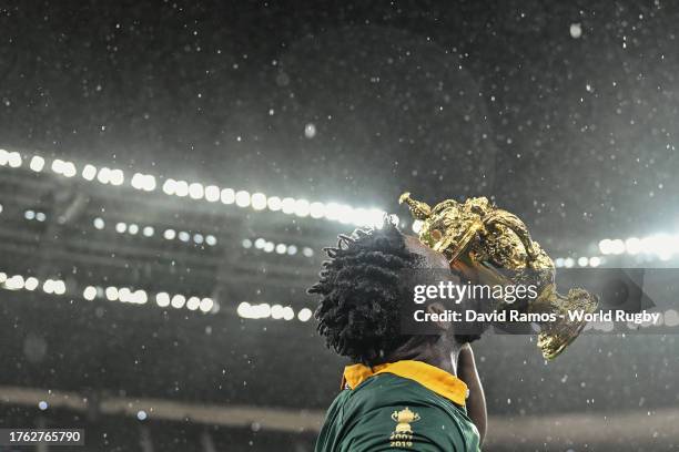 Siya Kolisi of South Africa celebrates with the The Webb Ellis Cup following the Rugby World Cup Final match between New Zealand and South Africa at...