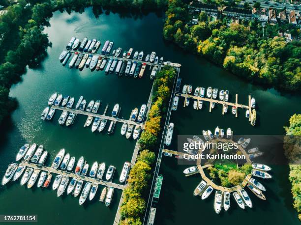 an elevated view of a boat marina - riverside yacht club stock pictures, royalty-free photos & images