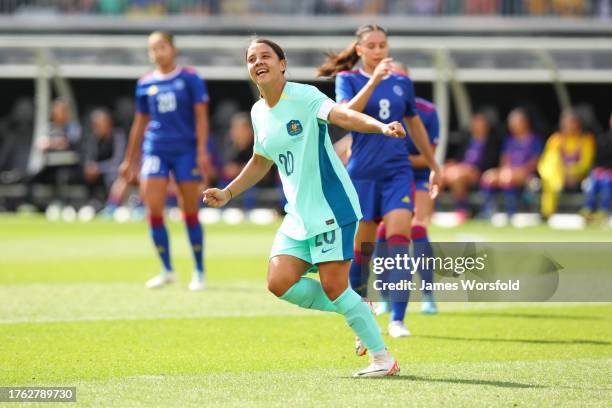 Sam Kerr of the Matildas celebrates her goal during the AFC Women's Asian Olympic Qualifier match between Philippines and Australia Matildas at Optus...