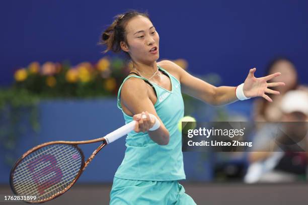 Qinwen Zheng of China compete against Beatriz Haddad Maia of Brazil during the women's singles final matche against on Day 6 of the WTA Elite Trophy...