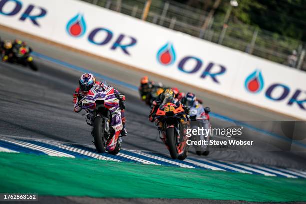Jorge Martin of Spain and Prima Pramac Racing leads the race during the Race of the MotoGP OR Thailand Grand Prix at Chang International Circuit on...
