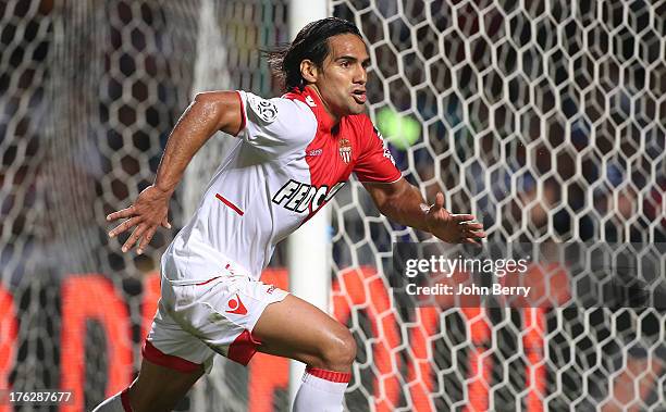 Radamel Falcao of AS Monaco celebrates his goal during the french Ligue 1 match between FC Girondins de Bordeaux and AS Monaco FC at the Stade...