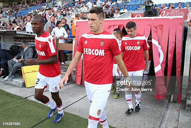 Eric Abidal, Lucas Ocampos, Jeremy Toulalan of AS Monaco enter the field before the french Ligue 1 match between FC Girondins de Bordeaux and AS...