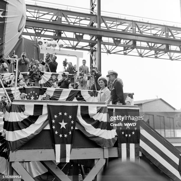 First Lady of the United States Jacqueline Kennedy christening the USS Lafayette at Groton, Connecticut.