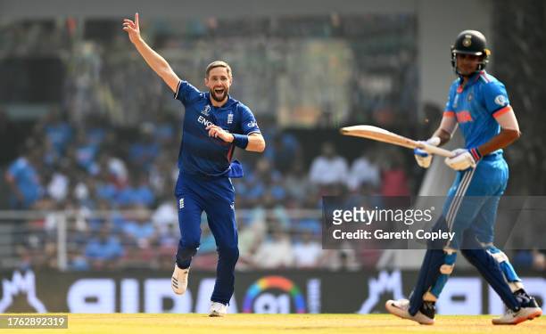 Chris Woakes of England appeals unsuccessfully for the wicket of Shubman Gill of India during the ICC Men's Cricket World Cup India 2023 between...
