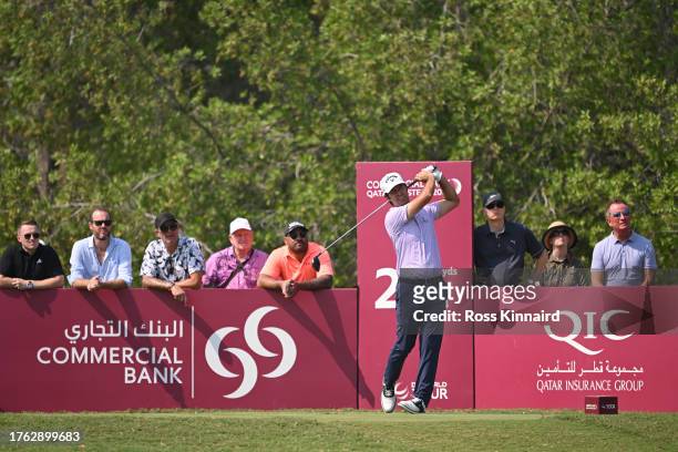 Jorge Campillo of Spain tees off on the second hole during Day Four of the Commercial Bank Qatar Masters at Doha Golf Club on October 29, 2023 in...