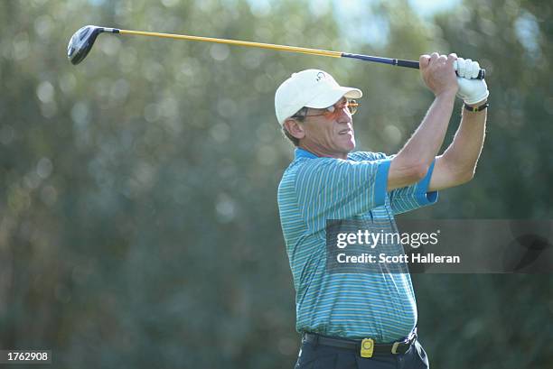 Talk show host Maury Povich hits a shot during the third round of the Bob Hope Chrysler Classic on January 31, 2003 at the Bermuda Dunes Country Club...