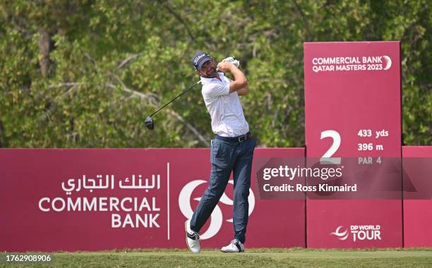 Scott Jamieson of Scotland tees off on the second hole during Day Four of the Commercial Bank Qatar Masters at Doha Golf Club on October 29, 2023 in...