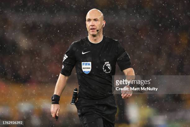 Referee Anthony Taylor looks on during the Premier League match between Wolverhampton Wanderers and Newcastle United at Molineux on October 28, 2023...