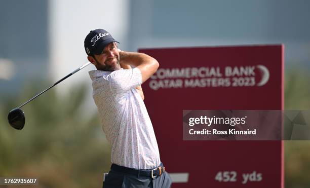 Scott Jamieson of Scotland tees off on the fifth hole during Day Four of the Commercial Bank Qatar Masters at Doha Golf Club on October 29, 2023 in...