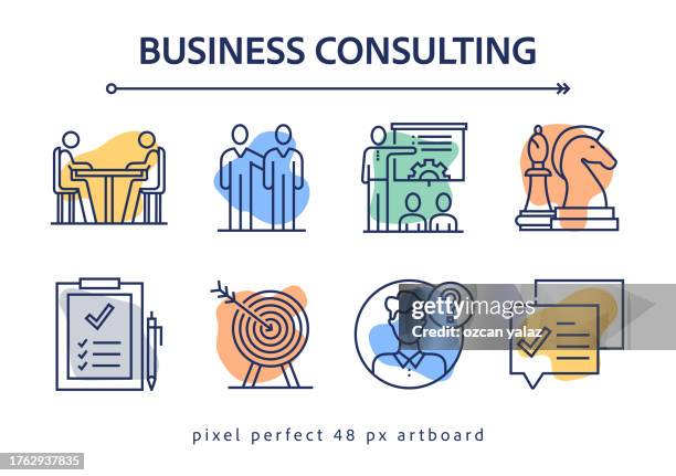 business consulting related vector infographic banner design concept. global multisphere ready-to-use template. web banner, website header, magazine, mobile application etc. modern design. - business meeting customer service stock illustrations