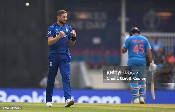 Chris Woakes of England celebrates the wicket of Shreyas Iyer of India during the ICC Men's Cricket World Cup India 2023 between India and England at...