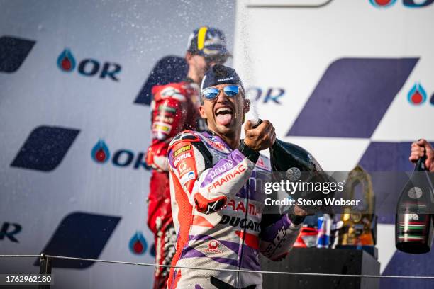 Jorge Martin of Spain and Prima Pramac Racing celebrates with Prosecco during the Race of the MotoGP OR Thailand Grand Prix at Chang International...