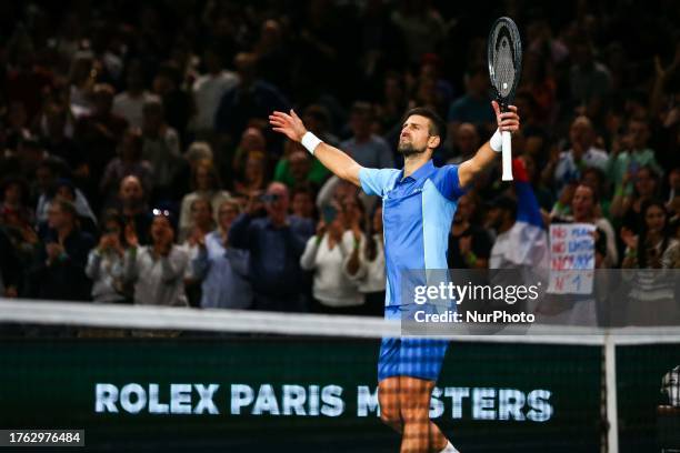 Novak Djokovic celebrates after winning his men's singles quarter-final match against Holger Rune on day five of the Paris ATP Masters 1000 tennis...