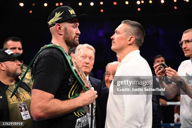 Tyson Fury and Oleksandr Usyk face off after the Heavyweight fight between Tyson Fury and Francis Ngannou at Boulevard Hall on October 28, 2023 in...