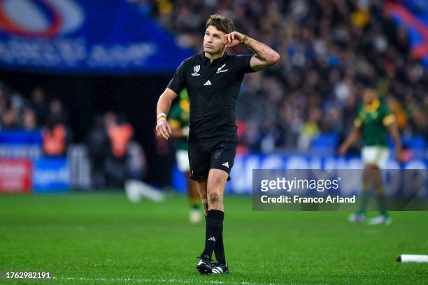 Beauden Barrett of New Zealand reacts during the Rugby World Cup France 2023 Gold Final match between New Zealand and South Africa at Stade de France...