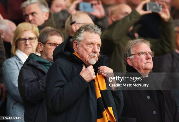 Robert Plant, former singer of Led Zeppelin looks on from the stand during the Premier League match between Wolverhampton Wanderers and Newcastle...