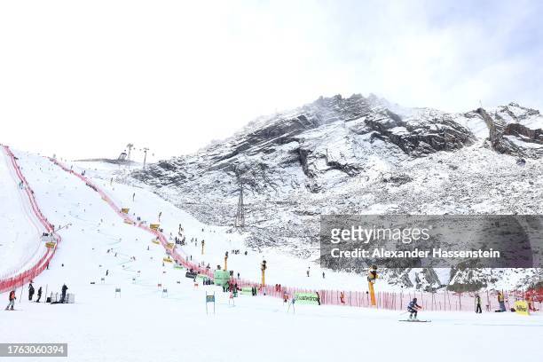 The race slope is pictured during the 1st run of the Men's Giant Slalom during the Audi FIS Alpine Ski World Cup at Rettenbachferner on October 29,...