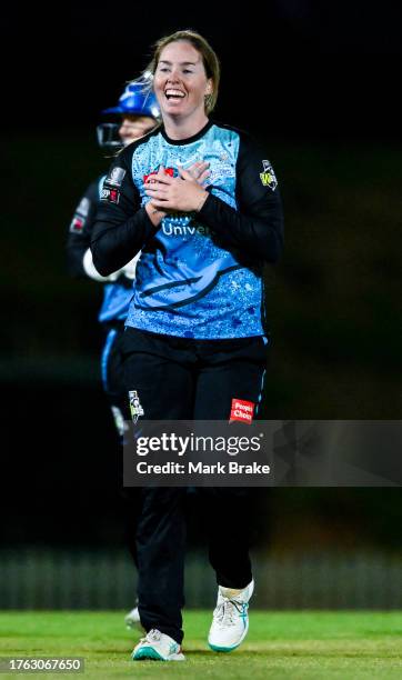 Amanda-Jade Wellington of the Adelaide Strikers celebrates the wicket of Sarah Glenn of the Brisbane Heat during the WBBL match between Adelaide...