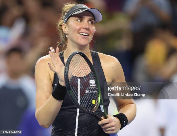 Beatriz Haddad Maia of Brazil celebrate after winning the women's singles final matche against Qinwen Zheng of China on Day 6 of the WTA Elite Trophy...
