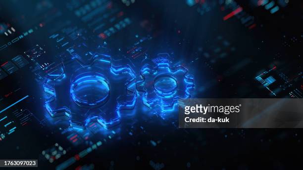 digital gears icon hologram on future tech background. productivity evolution. futuristic gears icon in world of technological progress and innovation. cgi 3d render - modern quantum mechanics stock pictures, royalty-free photos & images