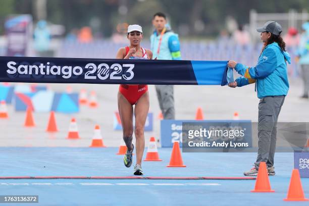 Gabriela Kimberly Garcia of Team Peru crosses the finish line during Women's 20km Race Walk on Day 9 of Santiago 2023 Pan Am Games on October 29,...