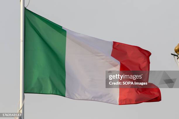 The national flag of the Republic of Italy as a participating country at the 12th St. Petersburg International Gas Forum .