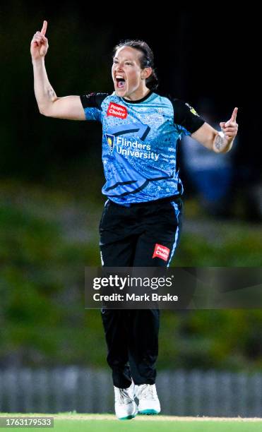 Megan Schutt of the Adelaide Strikers celebrates the wicket of Nicola Hancock of the Brisbane Heat during the WBBL match between Adelaide Strikers...