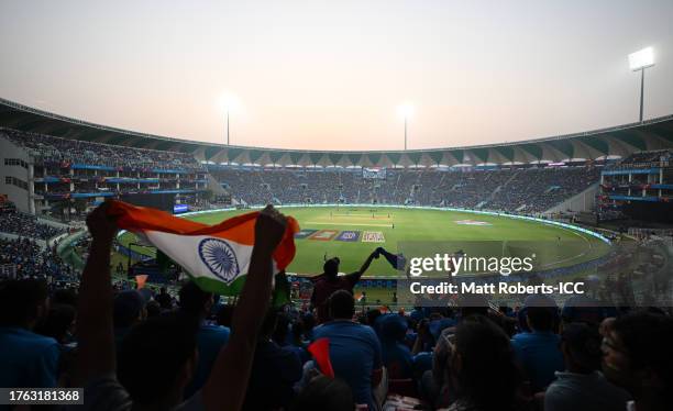 General view of play during the ICC Men's Cricket World Cup India 2023 between India and England at BRSABVE Cricket Stadium on October 29, 2023 in...