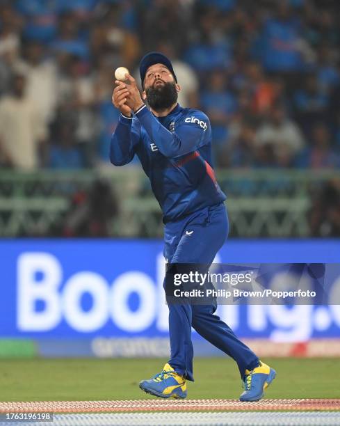 Moeen Ali of England fails to catch Jasprit Bumrah during the ICC Men's Cricket World Cup India 2023 between India and England at BRSABVE Cricket...