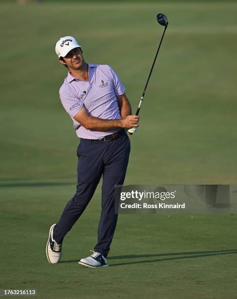 Jorge Campillo of Spain plays his second shot on the 18th hole during Day Four of the Commercial Bank Qatar Masters at Doha Golf Club on October 29,...