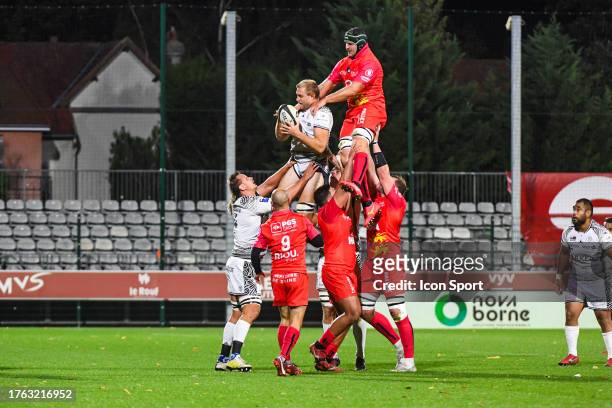 Francisco GORRISSEN of Vannes, Anton BRESLER of Vannes and Toby SALMON of Rouen during the Pro D2 match between Rouen Normandie Rugby and Rugby Club...