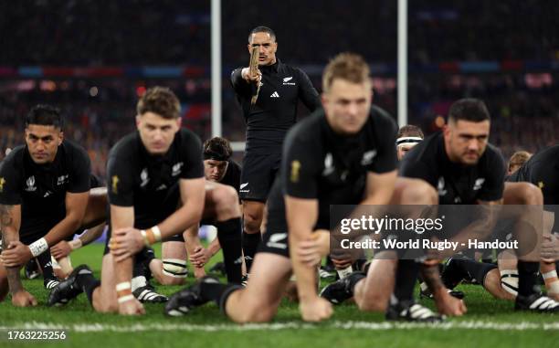 In this handout image provided by World Rugby, New Zealand perform the Haka prior to kick-off ahead of the Rugby World Cup Final match between New...