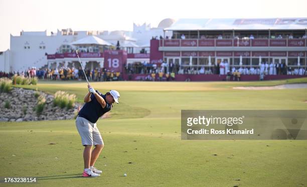 Sami Valimaki of Finland plays his third shot on the 18th hole during Day Four of the Commercial Bank Qatar Masters at Doha Golf Club on October 29,...