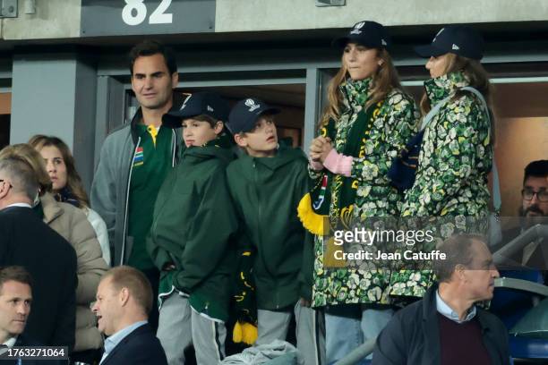 Mirka Federer and Roger Federer with their kids Leo, Lenny, Myla Rose, Charlene Riva celebrate the victory of South Africa following the Rugby World...