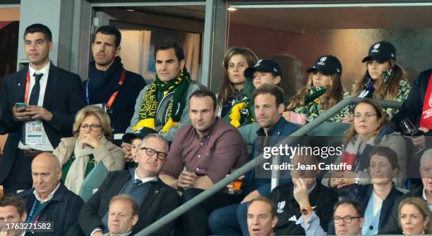 Lynette Federer , above Roger Federer, Mirka Federer with their kids Leo, Lenny, Myla Rose, Charlene Riva attend the Rugby World Cup France 2023...