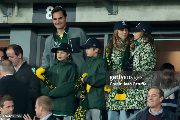 Roger Federer and his kids Leo, Lenny, Myla Rose, Charlene Riva celebrate the victory of South Africa following the Rugby World Cup France 2023 Final...