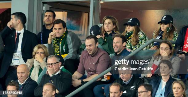 Lynette Federer , above Roger Federer, Mirka Federer with their daughters Myla Rose, Charlene Riva attend the Rugby World Cup France 2023 Final...