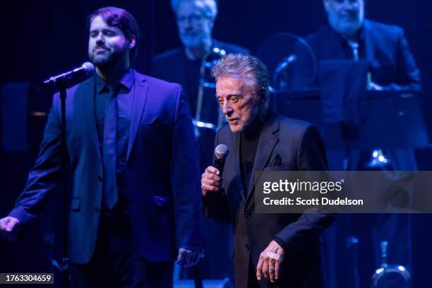 Singer Frankie Valli of The Four Seasons performs onstage with The Four Seasons at Fred Kavli Theatre on October 28, 2023 in Thousand Oaks,...