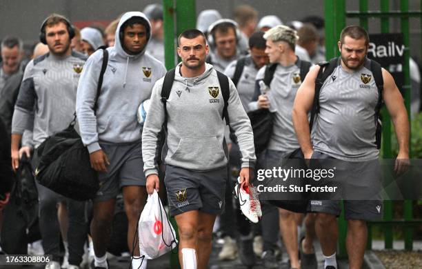 Saints players including George Furbank and team mates arrive at the ground during the Gallagher Premiership Rugby match between Newcastle Falcons...