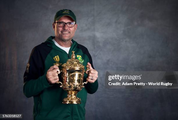 Jacques Nienaber of South Africa poses with the Webb Ellis Cup during the South Africa Winners Portrait shoot after the Rugby World Cup Final match...