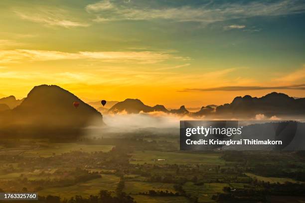 landscape of mountains and rice field in the morning sunrise. - vientiane stock pictures, royalty-free photos & images