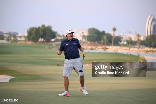 Sami Valimaki of Finland celebrates victory on the first play-off hole during Day Four of the Commercial Bank Qatar Masters at Doha Golf Club on...