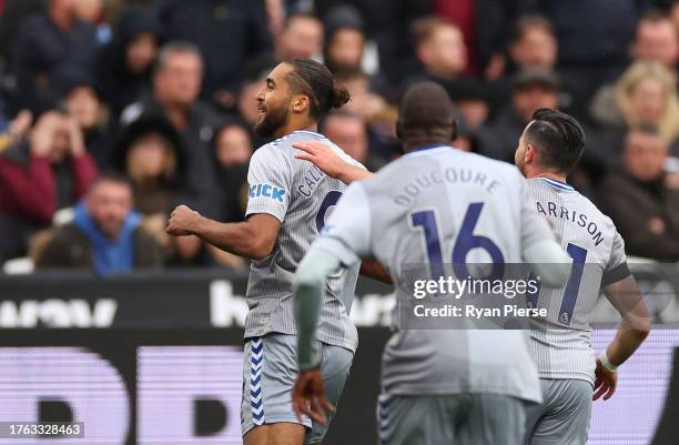 Dominic Calvert-Lewin of Everton celebrates after scoring the team's first goal during the Premier League match between West Ham United and Everton...