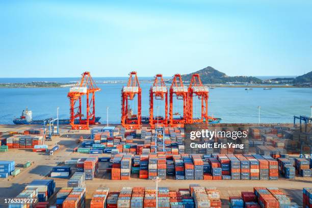 aerial busy shipping dock at morning - lianyungang provinsen jiangsu bildbanksfoton och bilder