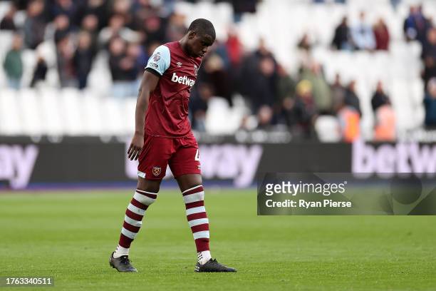 Kurt Zouma of West Ham United looks dejected after the team's defeat in the Premier League match between West Ham United and Everton FC at London...