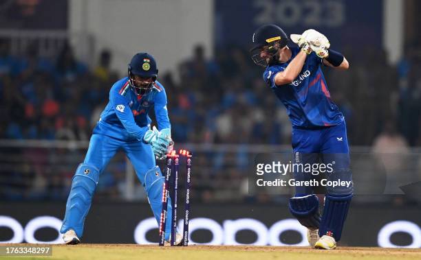 Chris Woakes of England is stumped by KL Rahul of India during the ICC Men's Cricket World Cup India 2023 between India and England at BRSABVE...
