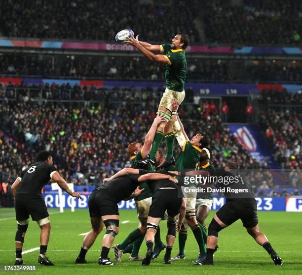 Eben Etzebeth, of South Africa, catches the ball in the lineout during the Rugby World Cup France 2023 Gold Final match between New Zealand and South...