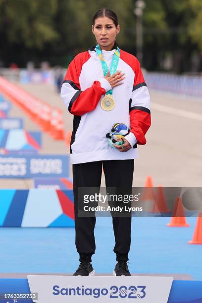 Gabriela Kimberly Garcia of Team Peru celebrates in the podium for Women's 20km Race Walk on Day 9 of Santiago 2023 Pan Am Games on October 29, 2023...
